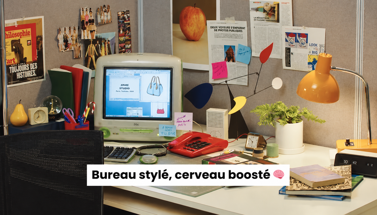 Bureau rétro coloré avec ordinateur, lampe orange, téléphone rouge et accessoires de décoration