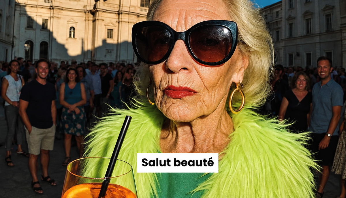 Femme âgée élégante portant de grandes lunettes de soleil et un manteau vert
