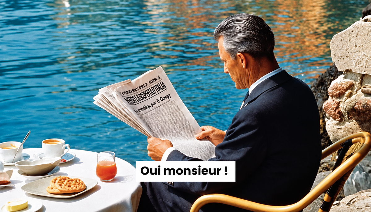 Homme élégant lisant le journal au bord de l’eau pendant son petit-déjeuner