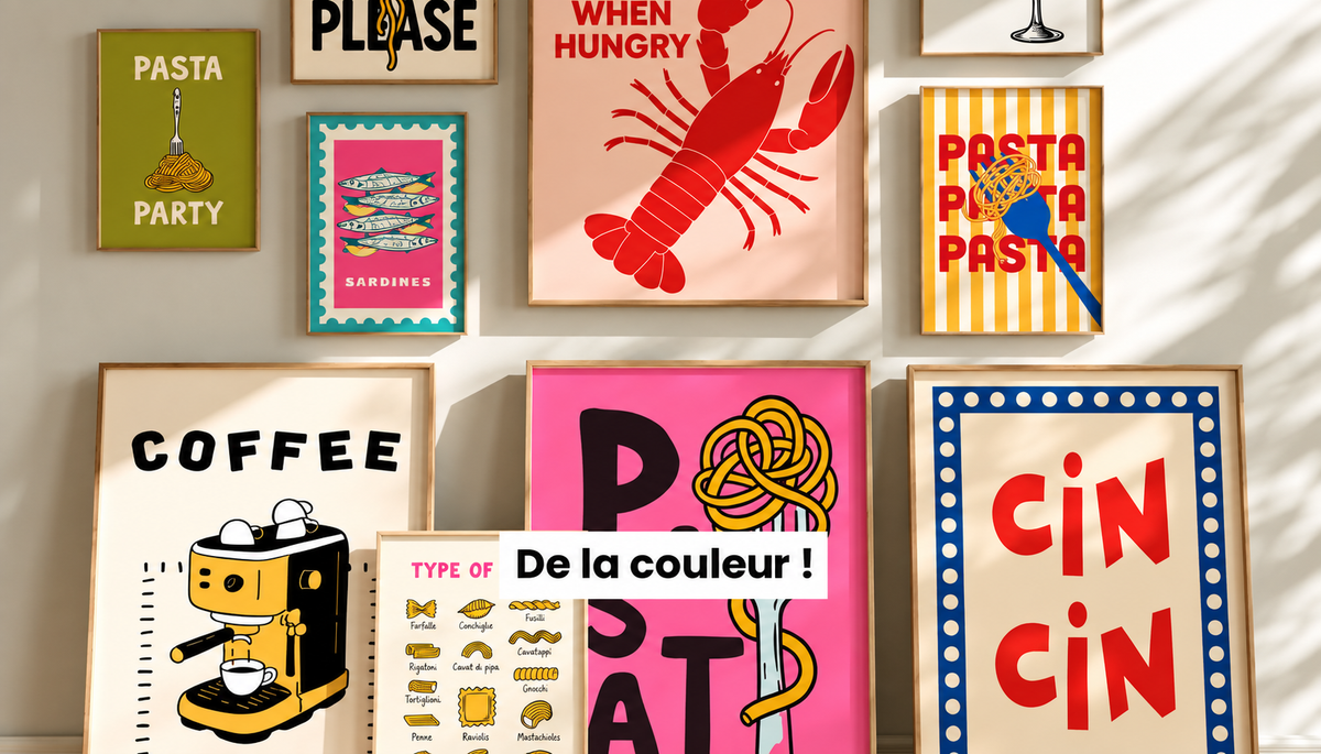 Mur décoré d’affiches colorées rétro sur le thème de la cuisine, des pâtes et du café