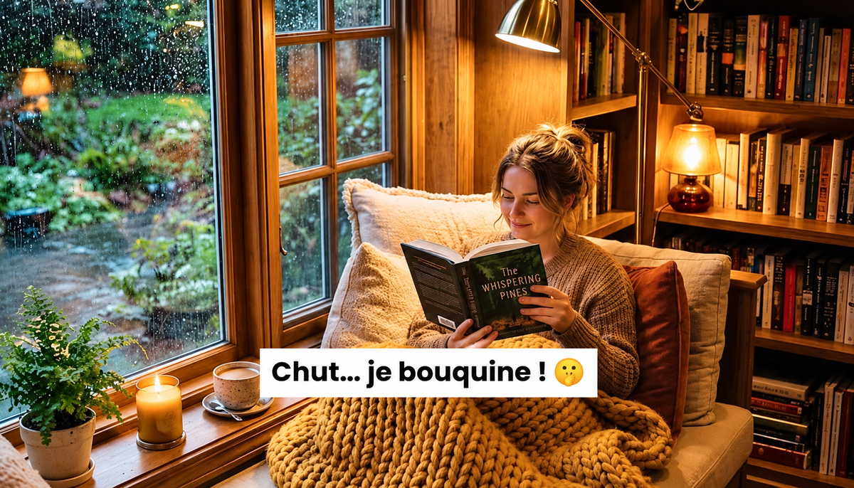 Coin lecture cosy près d’une fenêtre avec bibliothèque, fauteuil confortable, plaid, lampe et bougie