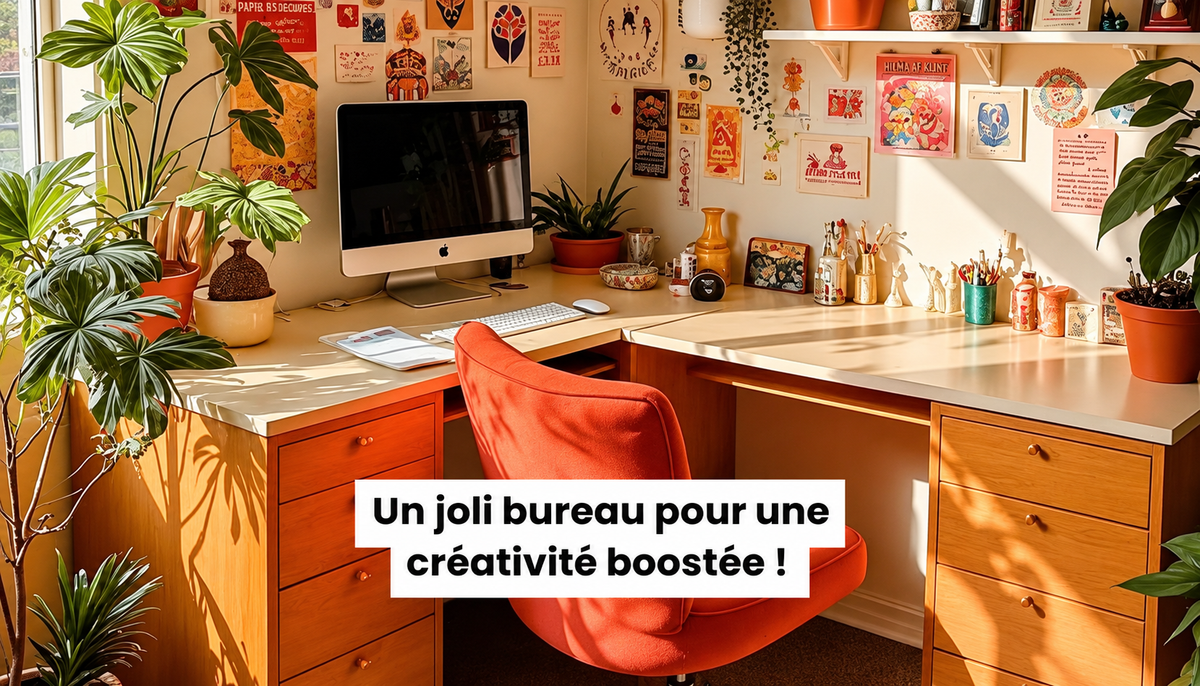 Bureau créatif lumineux décoré avec des affiches colorées, des plantes vertes et un espace de travail en bois