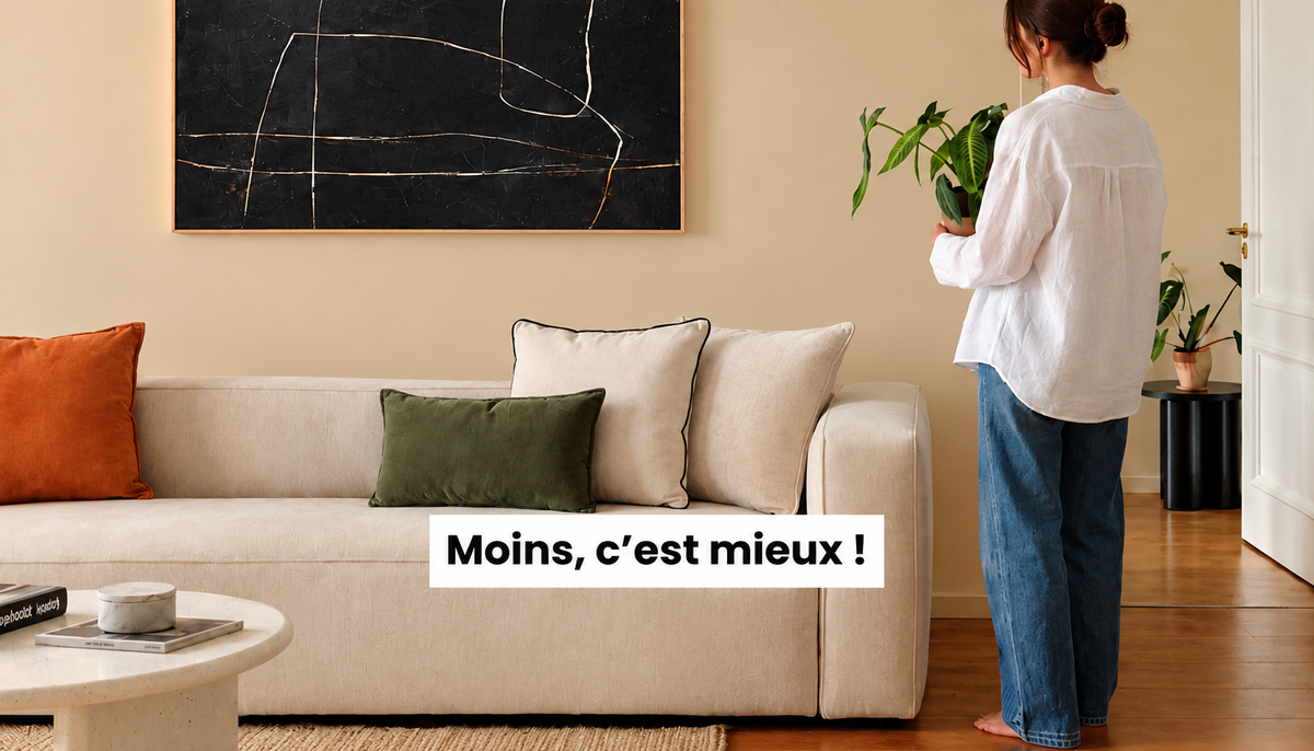 Salon minimaliste aux tons neutres avec canapé beige, tableau abstrait, plantes vertes et décoration épurée