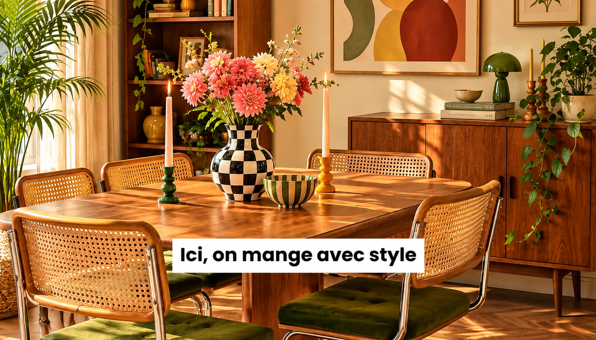 Salle à manger vintage avec table en bois, chaises en cannage, fleurs colorées et décoration chaleureuse