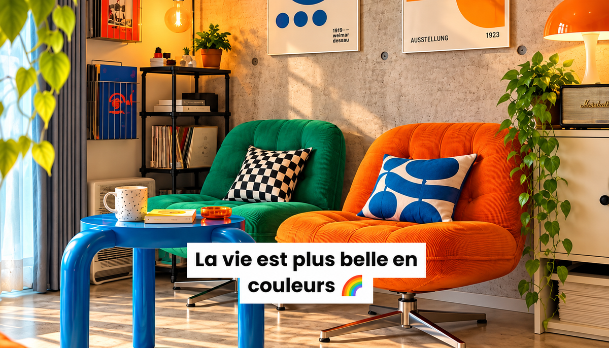 Salon coloré au style rétro avec fauteuils vert et orange, table bleue, affiches et plantes vertes