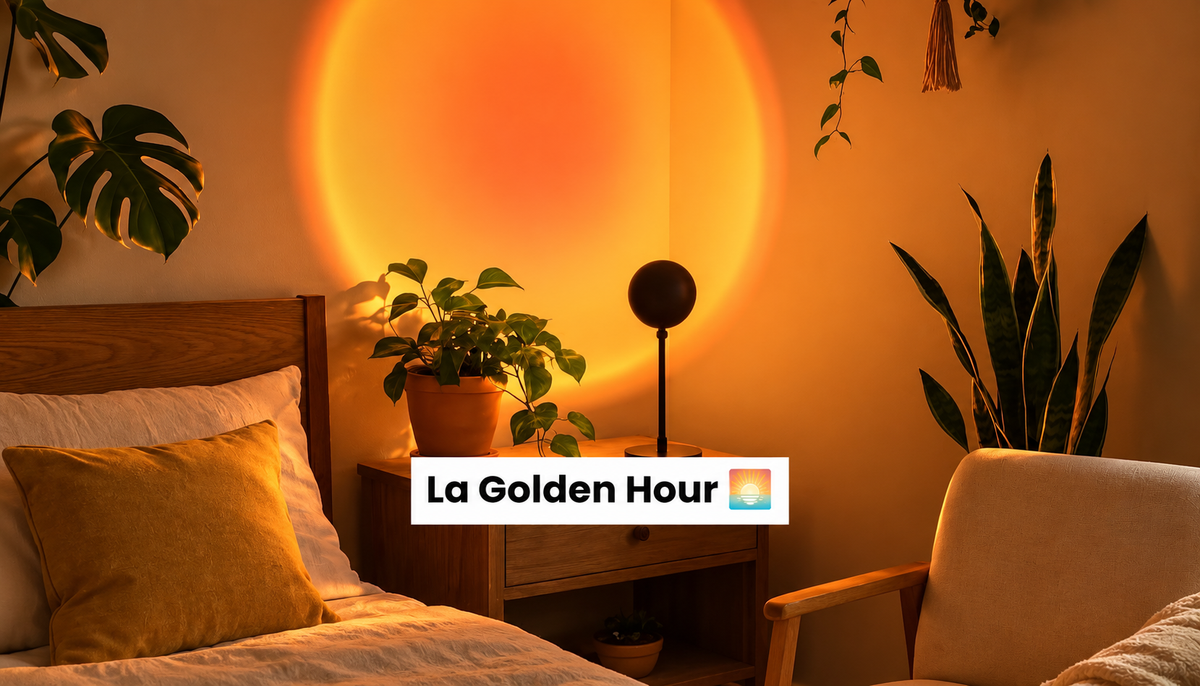 Lampe sunset projetant une lumière Golden Hour orange dans une chambre chaleureuse avec plantes