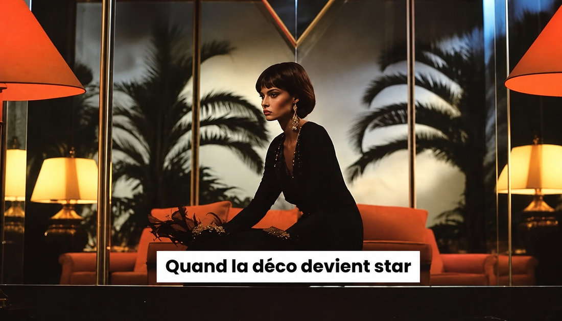 Femme élégante dans un intérieur rétro aux palmiers et lampes design