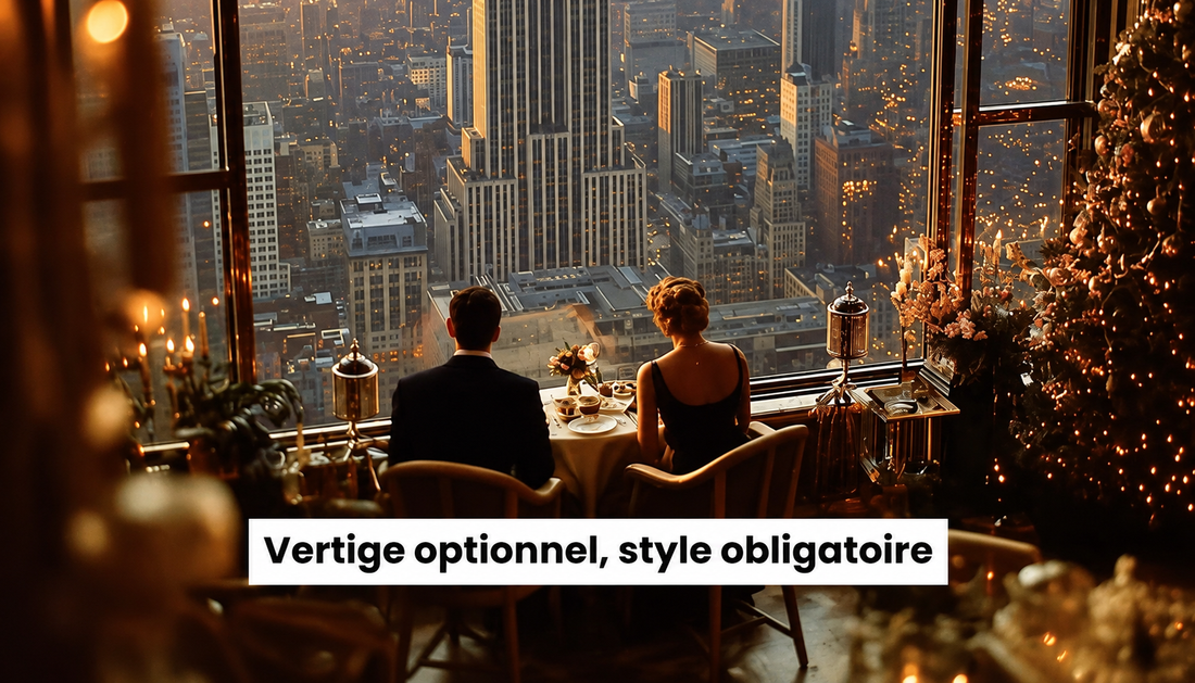 Couple dînant face aux gratte-ciel de New York dans un restaurant panoramique