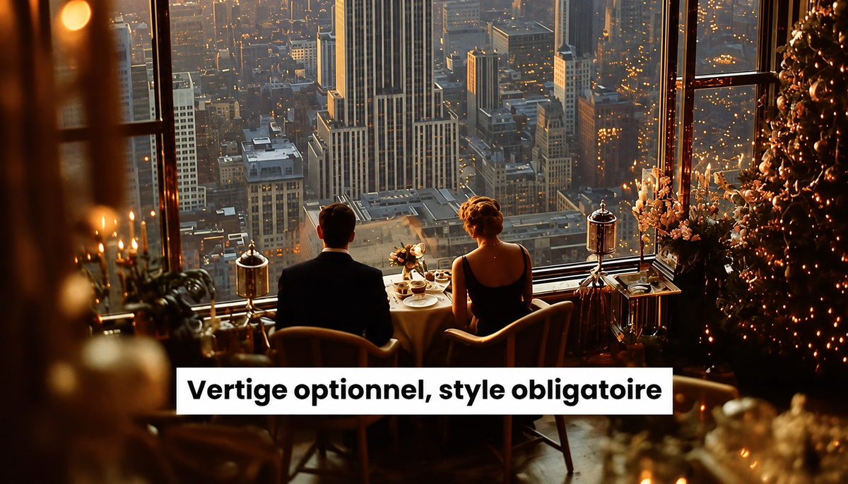 Couple dînant face aux gratte-ciel de New York dans un restaurant panoramique