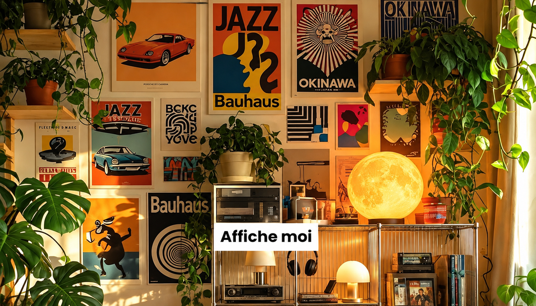 Mur de cadres et affiches vintage style Bauhaus et jazz, entouré de plantes vertes dans un intérieur rétro chaleureux