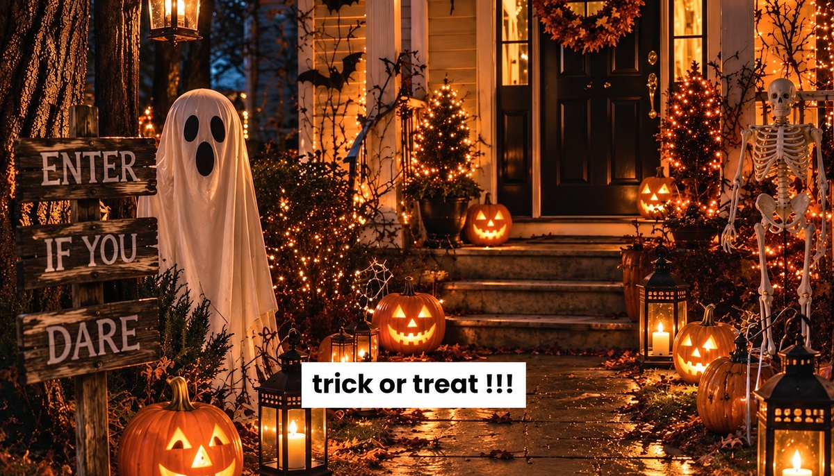 Décoration Halloween vintage avec fantôme, citrouilles illuminées, squelette et lanternes devant une maison