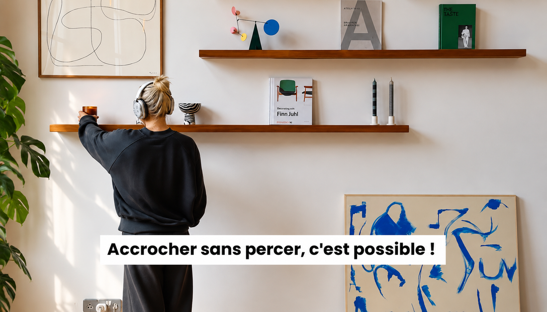 Femme aménageant un mur avec étagères et décoration, illustrant comment accrocher sans percer