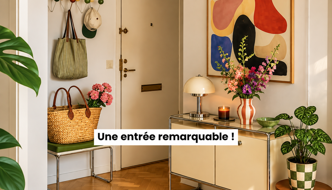 Entrée de maison décorée avec une affiche abstraite colorée, des fleurs et des plantes vertes