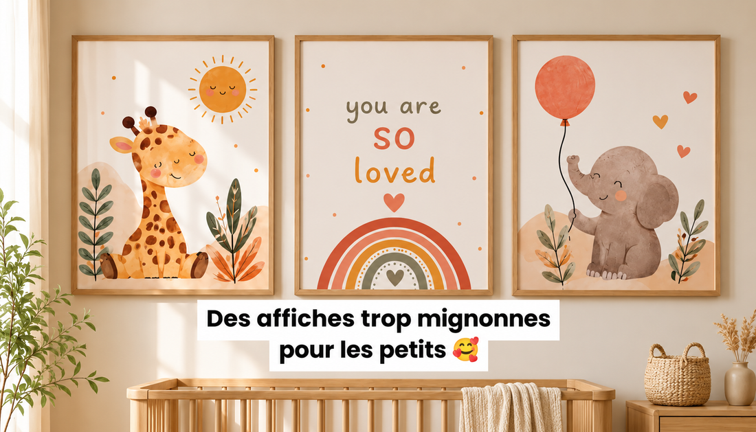 Affiches pour chambre d’enfant avec girafe, arc-en-ciel et éléphant encadrées au-dessus d’un lit bébé