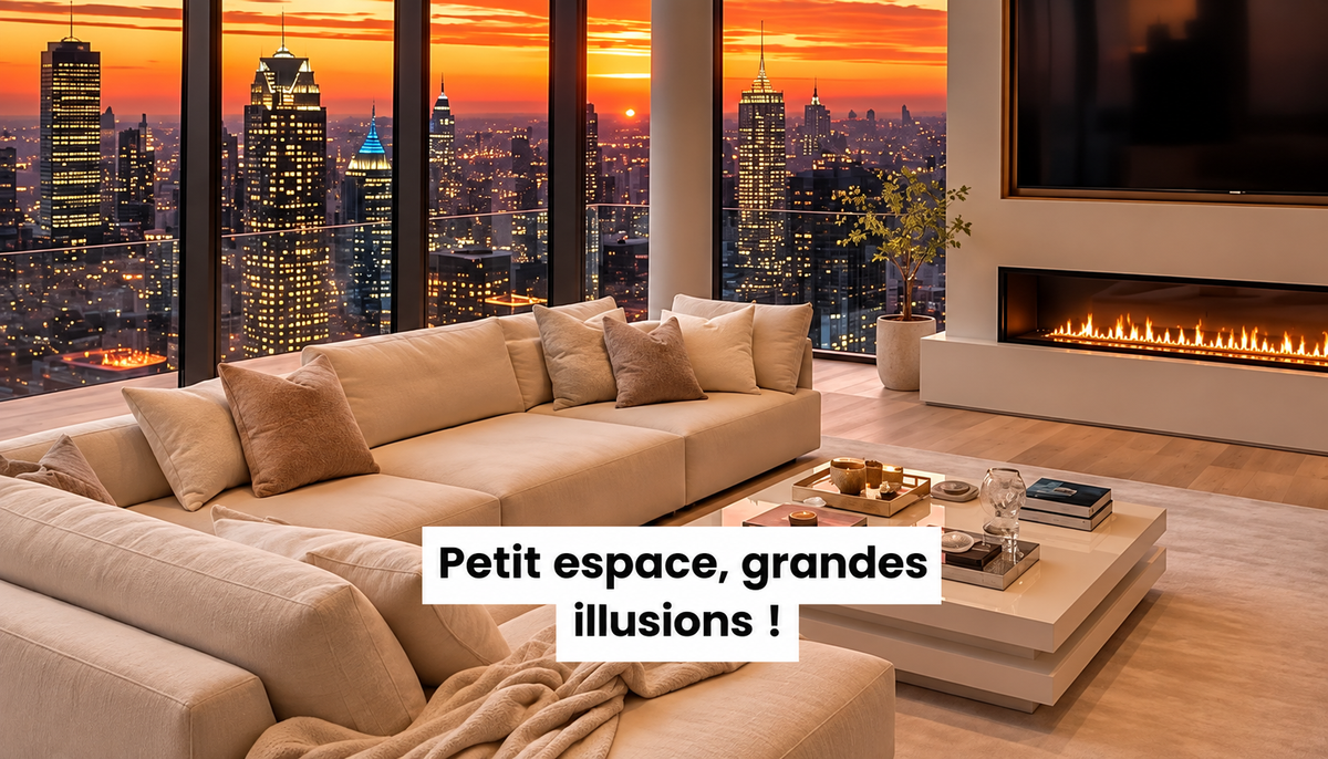 Salon moderne lumineux avec grandes baies vitrées, canapé clair et décoration épurée pour agrandir visuellement l’espace