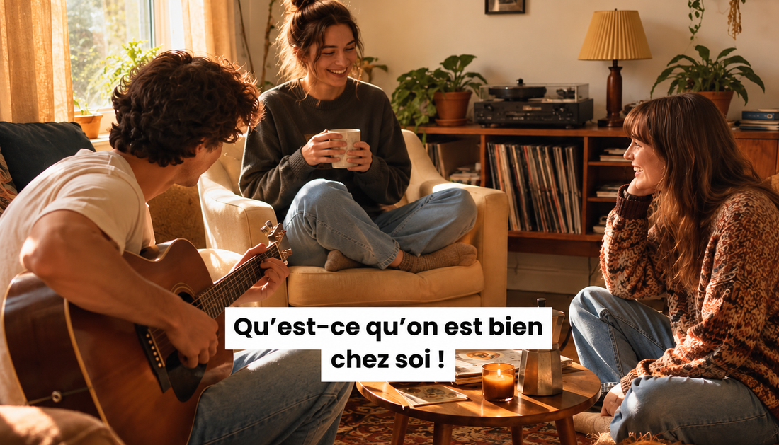 Amis réunis dans un salon chaleureux autour d’une guitare, avec décoration vintage, plantes et vinyles