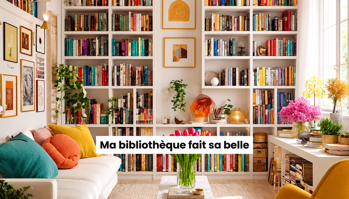 Grande bibliothèque murale décorée de livres, plantes et cadres dans un salon lumineux et coloré