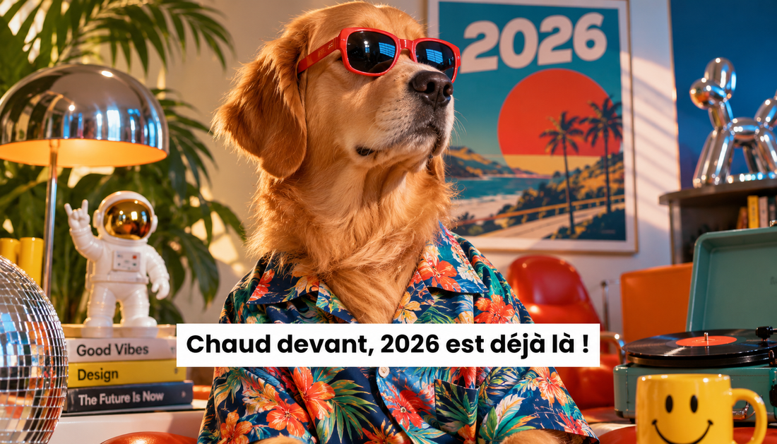 Chien avec lunettes de soleil entouré d’objets insolites pour illustrer les tendances 2026
