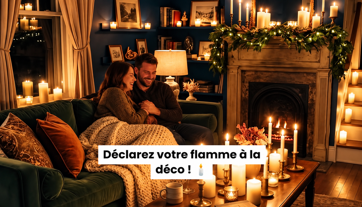 Salon chaleureux décoré de nombreuses bougies avec cheminée, canapé et ambiance cosy