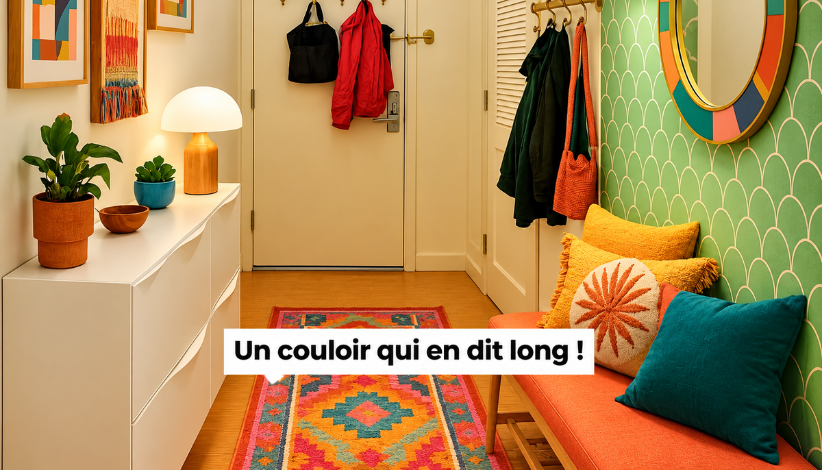 Couloir coloré et chaleureux avec banc, miroir, tapis, plantes et décoration murale