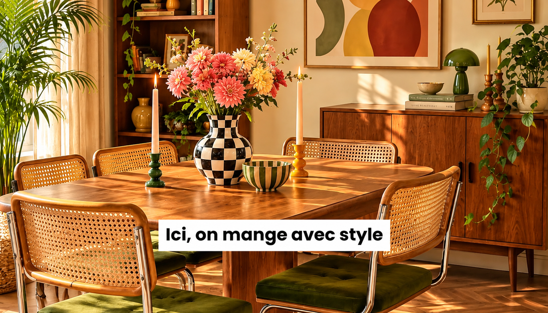 Salle à manger vintage avec table en bois, chaises en cannage, fleurs colorées et décoration chaleureuse