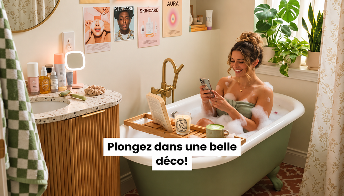 Salle de bain chaleureuse avec baignoire, plantes vertes, accessoires déco et ambiance cosy