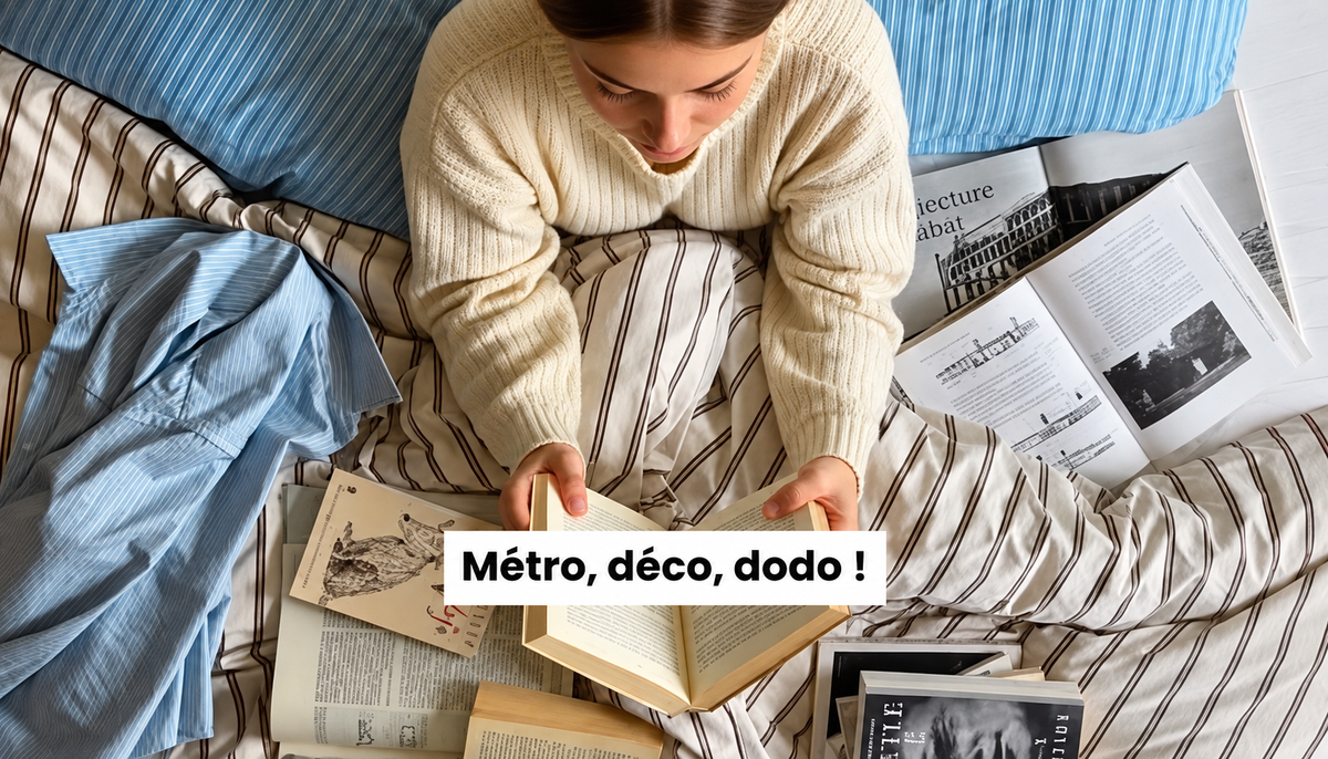Chambre adulte cosy avec linge de lit à rayures, livres et ambiance douce propice à la détente