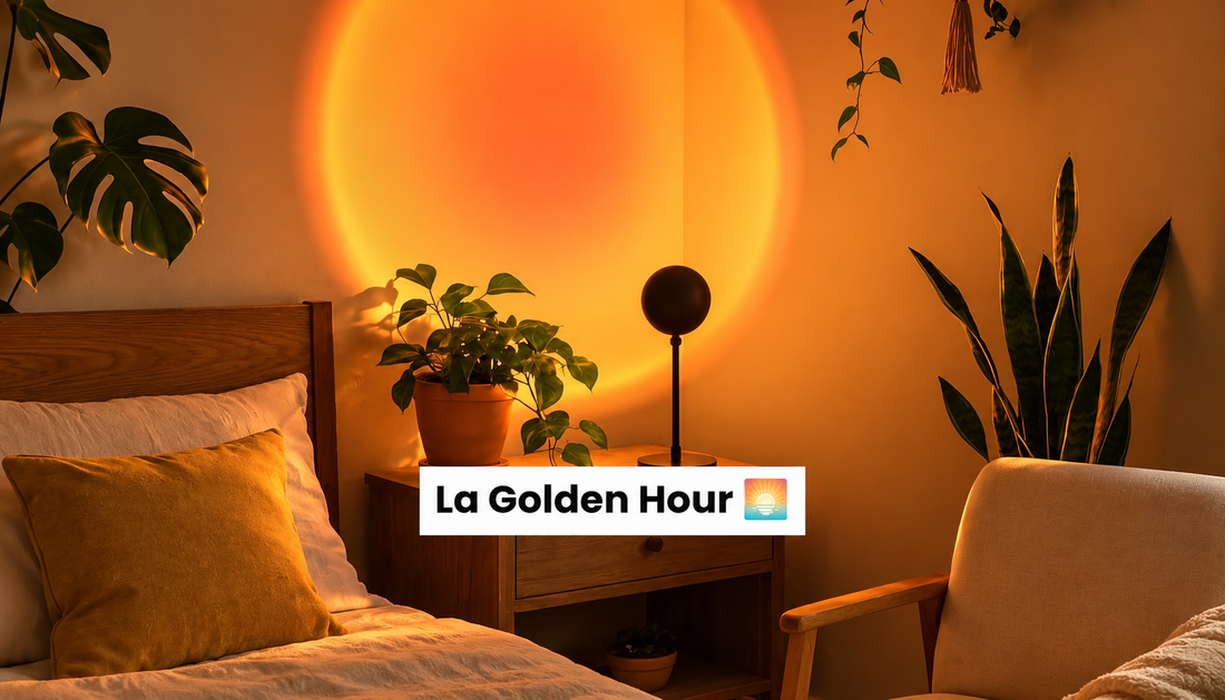 Lampe sunset projetant une lumière Golden Hour orange dans une chambre chaleureuse avec plantes