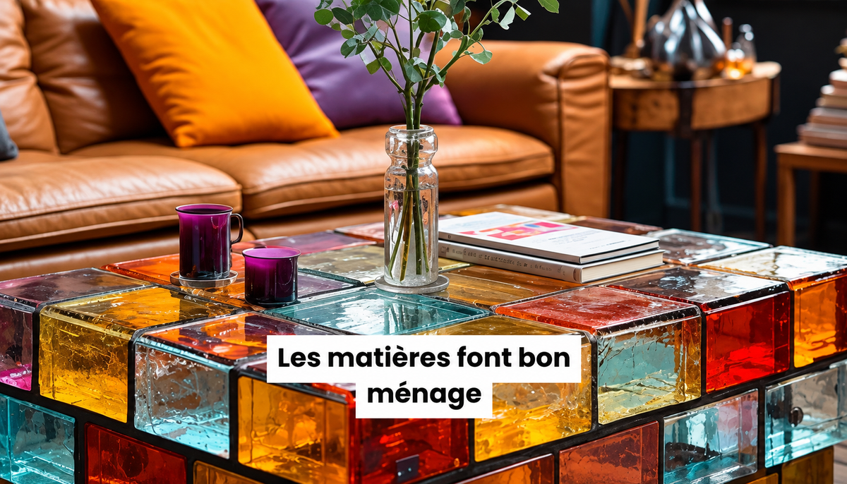 Salon chaleureux mélangeant verre coloré, cuir, bois et textiles pour une décoration intérieure harmonieuse