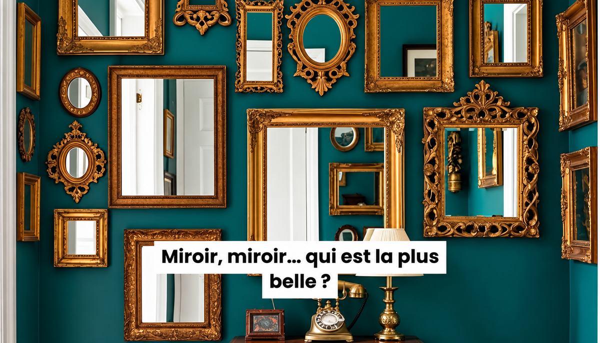 Mur bleu décoré d’une collection de miroirs vintage dorés aux formes et cadres variés