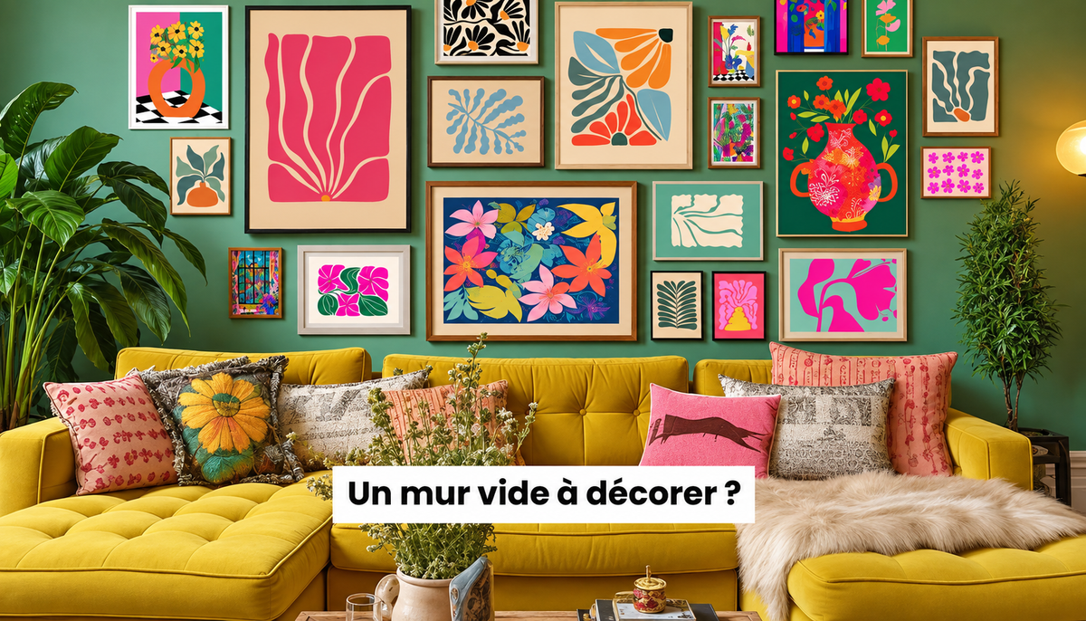 Mur de cadres et affiches colorées dans un salon vintage avec canapé jaune et plantes vertes