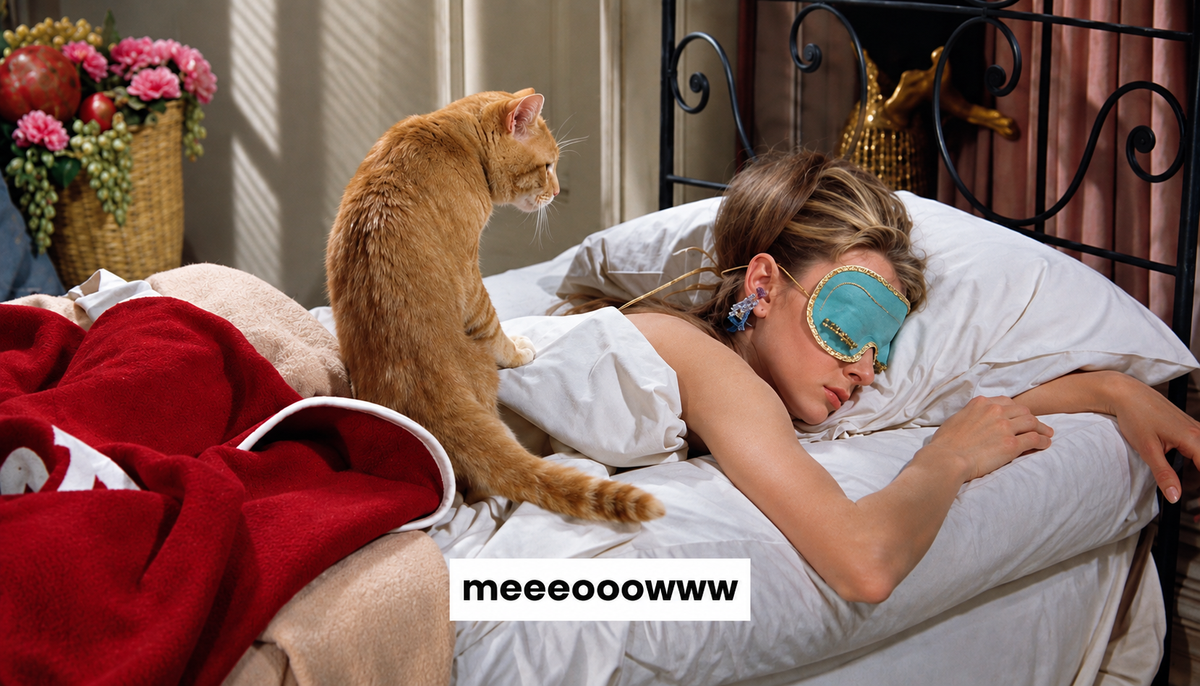 Chat roux près d’une femme endormie dans son lit