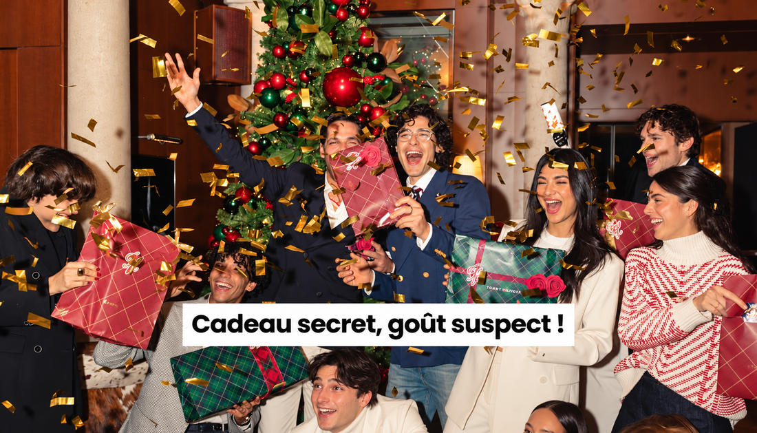 Échange de cadeaux Secret Santa entre amis autour d'un sapin de Noël, dans une ambiance festive avec des confettis et des cadeaux surprises.
