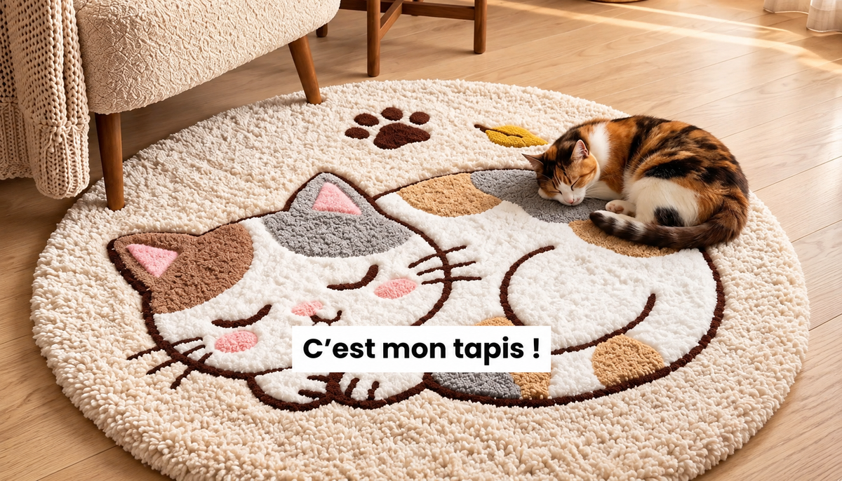Tapis rond moelleux motif chat avec un chat endormi dans un intérieur chaleureux