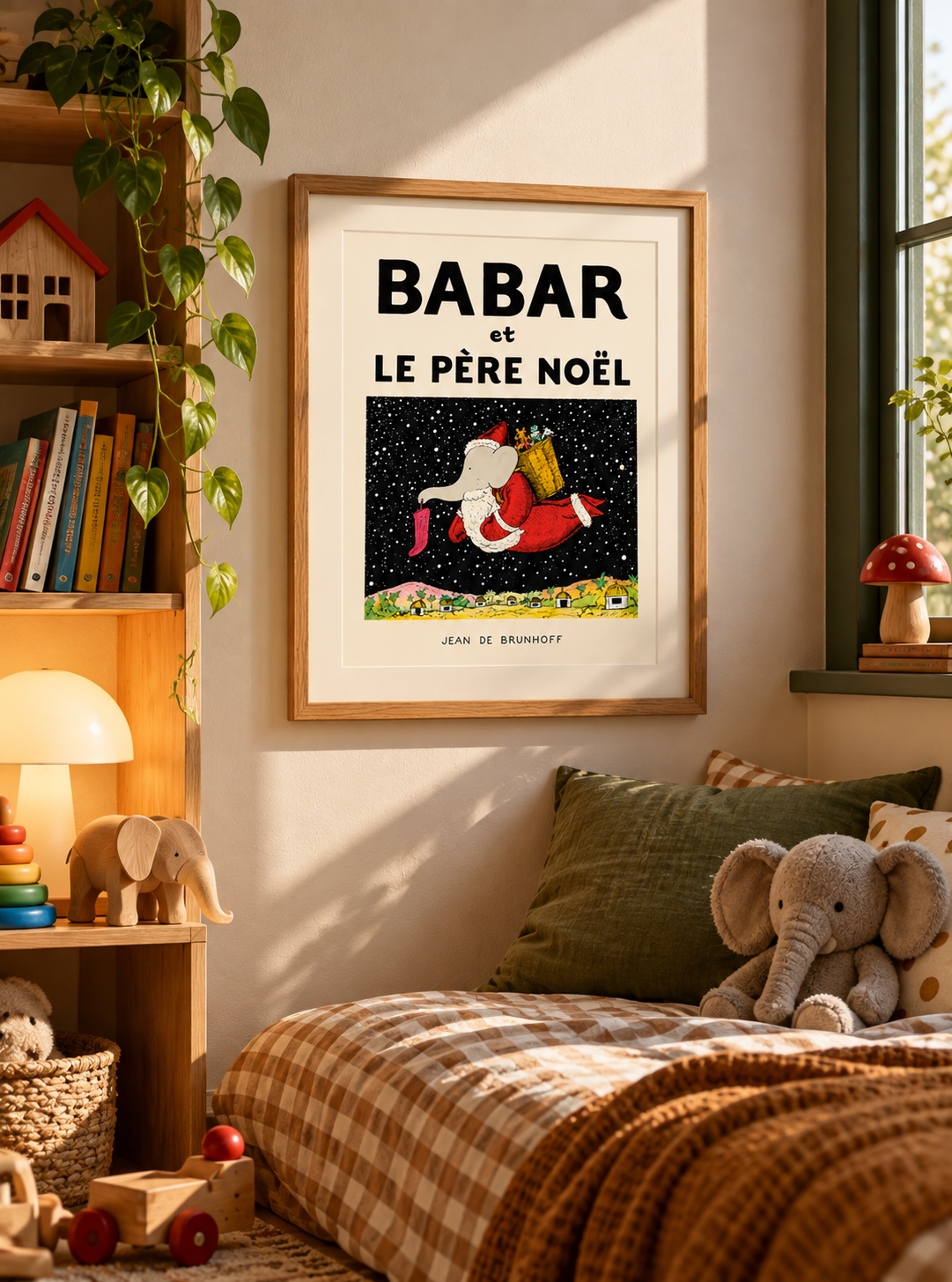 Affiche Babar et le Père Noël encadrée dans une décoration de chambre enfant