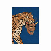 Affiche japonaise léopard avec masque Hannya sur fond bleu
