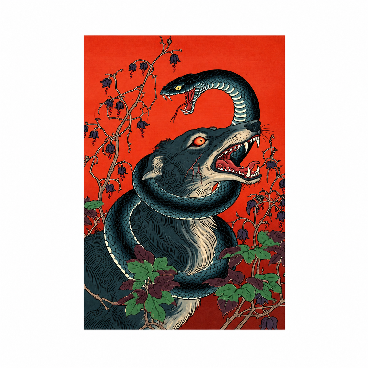 Affiche japonaise loup et serpent sur fond rouge