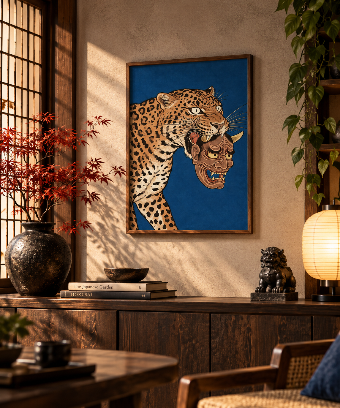 Affiche léopard et Hannya encadrée dans un intérieur