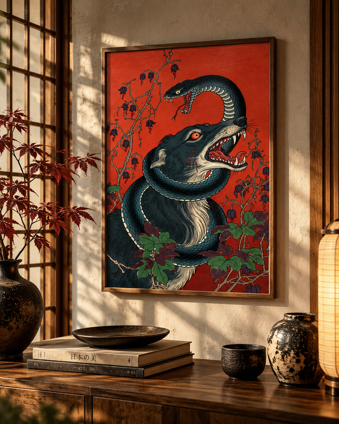 Affiche japonaise loup et serpent encadrée dans un intérieur