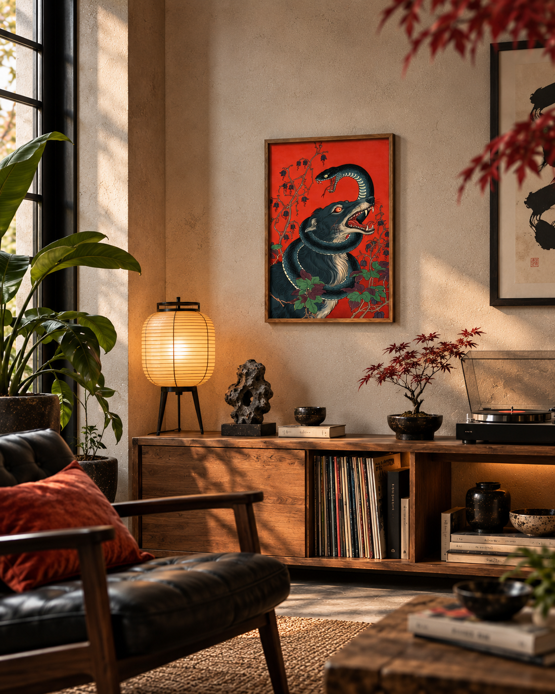 Affiche loup et serpent style japonais en décoration murale