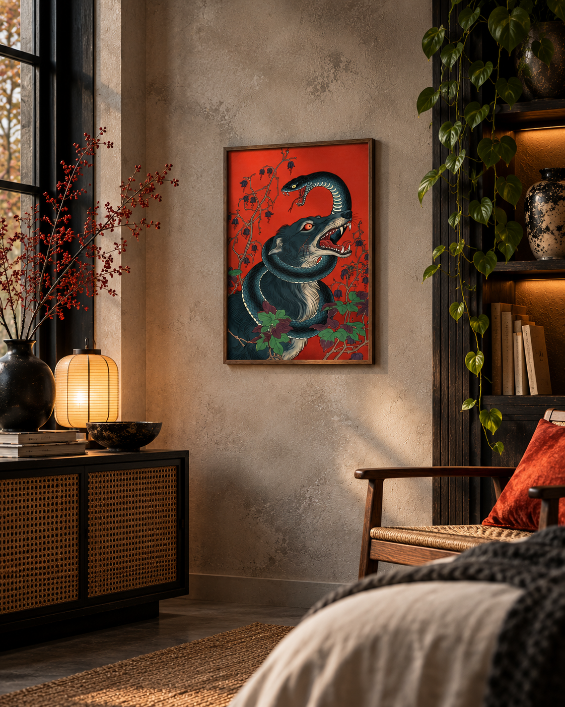 Affiche japonaise loup et serpent dans une décoration de salon