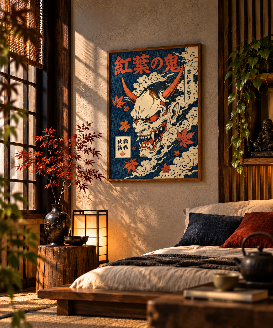 Affiche Japonaise Oni – Démon & Érable Ukiyo-e