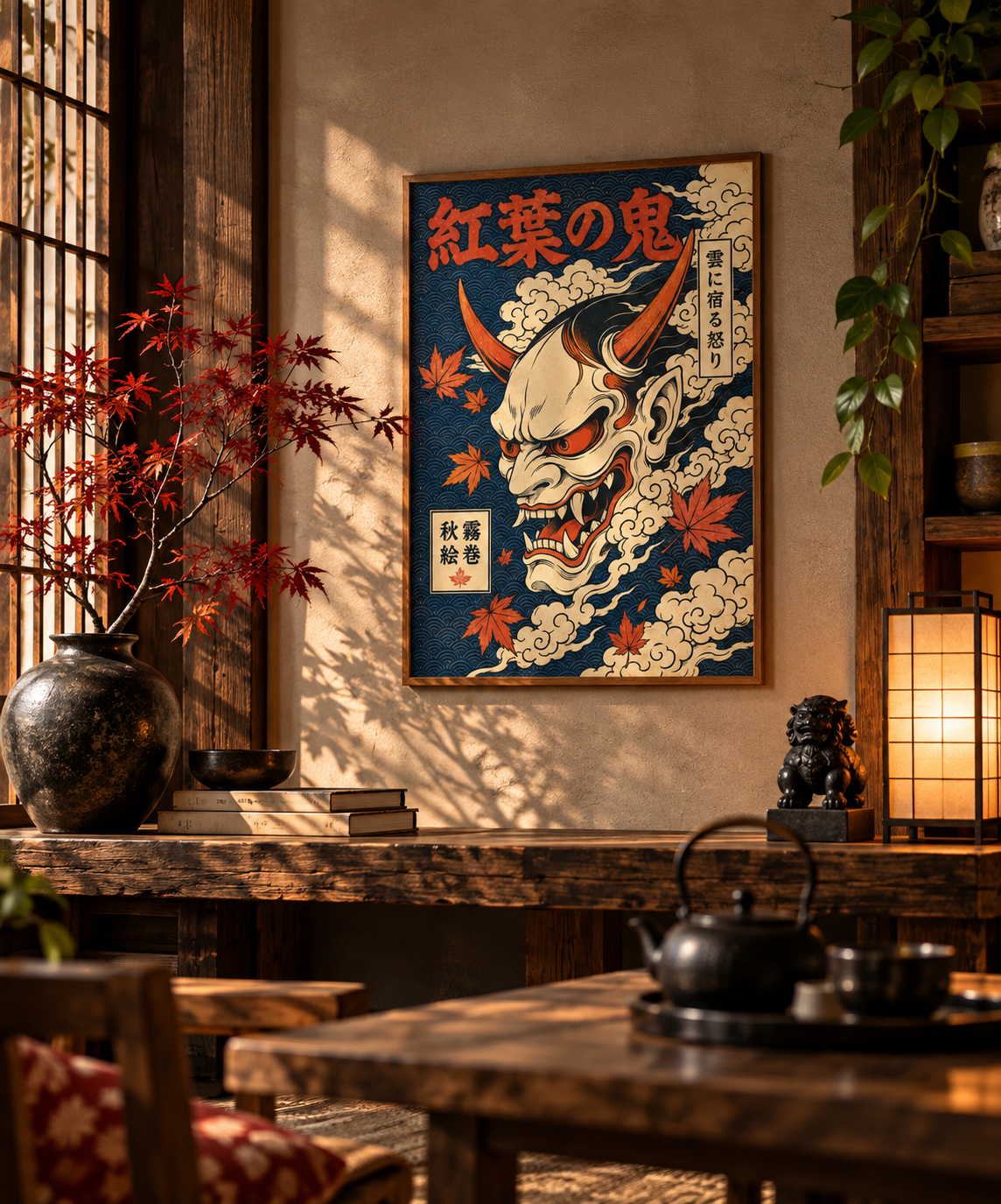 Affiche Japonaise Oni – Démon & Érable Ukiyo-e