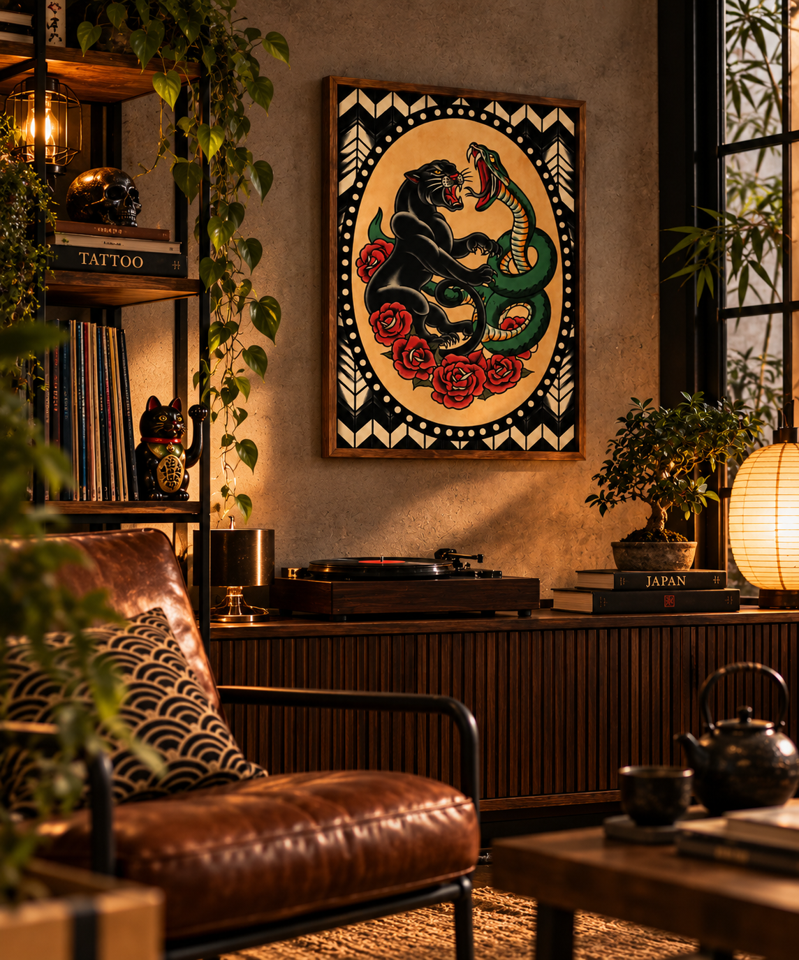 Affiche panthère et serpent avec roses dans un intérieur vintage