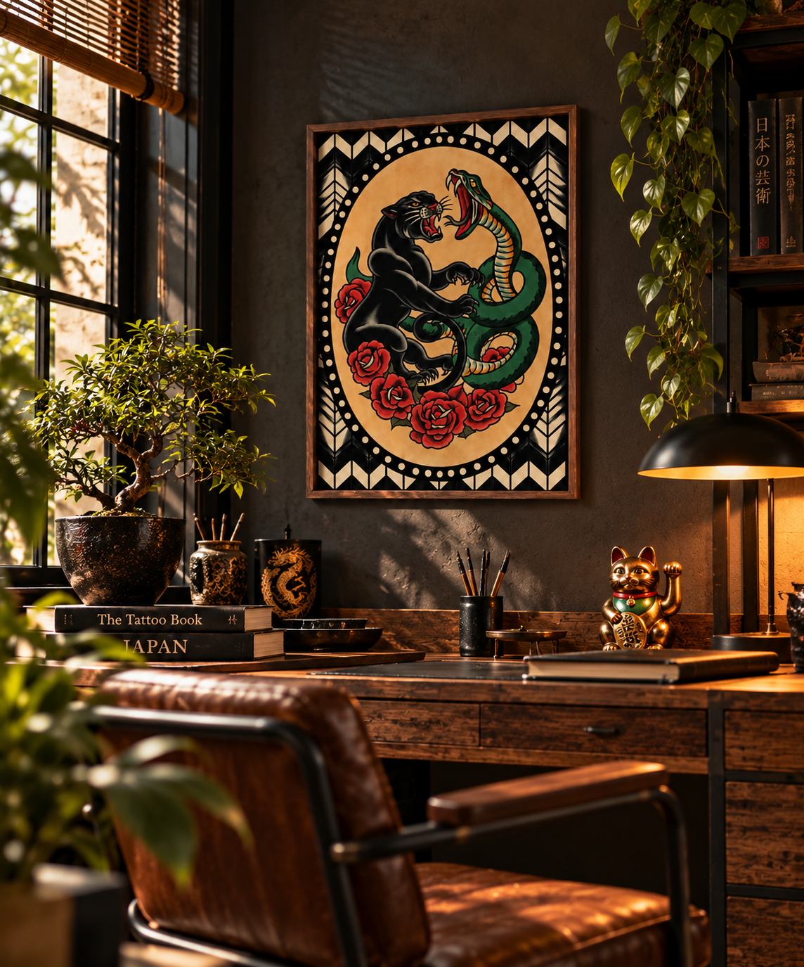 Affiche panthère et serpent style tatouage traditionnel en décoration murale