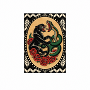 Affiche panthère noire et serpent avec roses style tatouage traditionnel