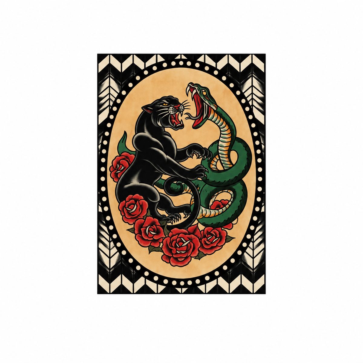 Affiche panthère noire et serpent avec roses style tatouage traditionnel