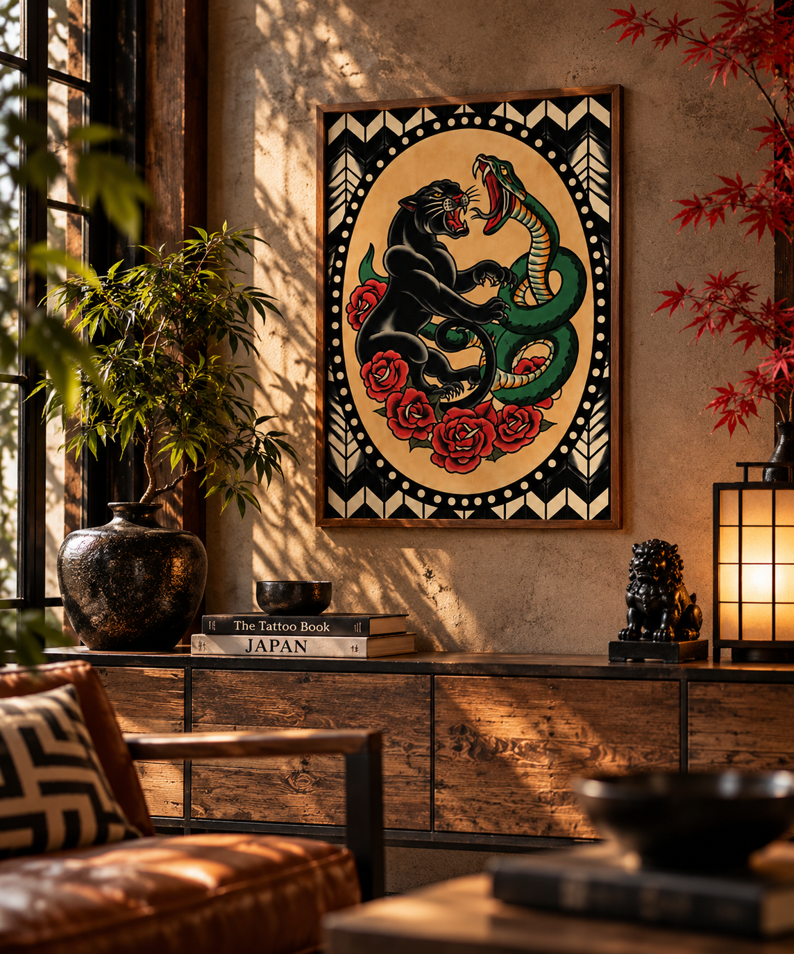 Affiche panthère noire et serpent dans une décoration murale vintage