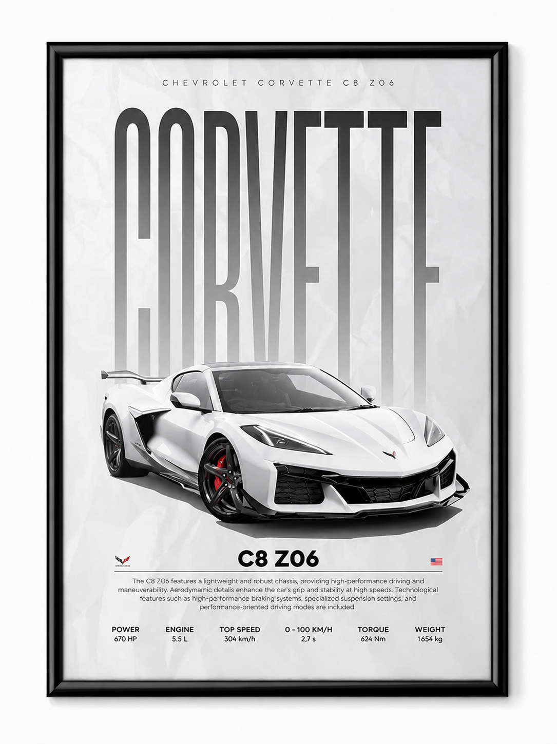 Affiche Corvette C8 Z06 sur toile 30 × 40 cm