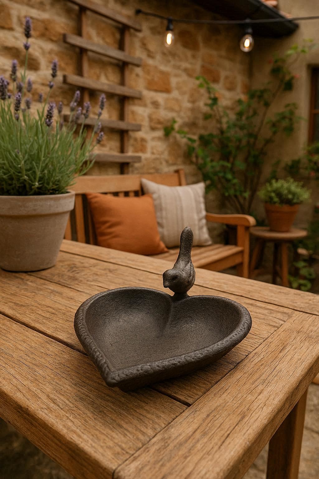 Bain d'oiseaux en fonte cœur avec oiseau